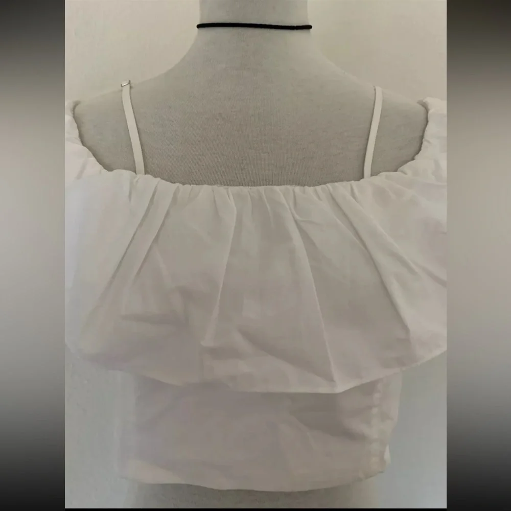 ZARA Womens Junior Girls Size L White Cropped Top Blouse Short Ruffle Sleeve - Picture 3 of 16